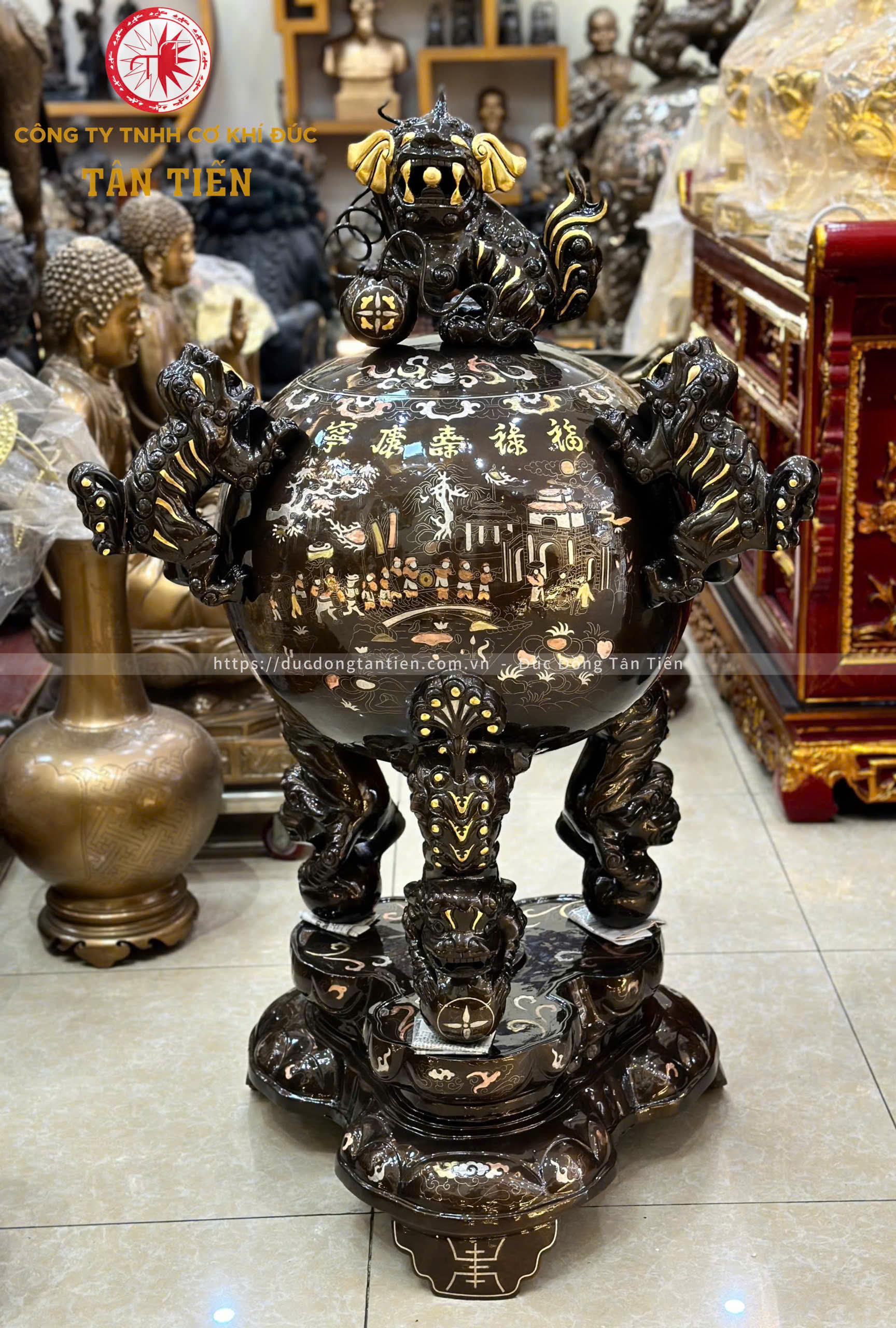 Đỉnh Thất Lân Vờn Cầu Bằng Đồng Khảm Tam Khí